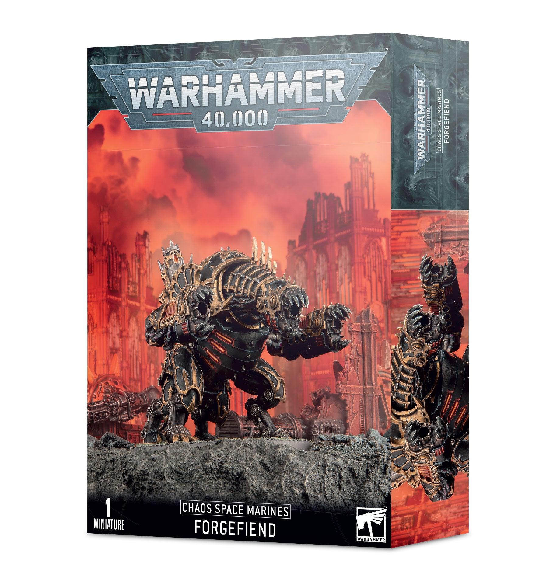 A box of CHAOS SPACE MARINES: FORGEFIEND featuring a model of the Chaos Space Marines Forgefiend. The front displays a detailed miniature of the daemon engine with spiked armor and an ectoplasma cannon, set against a fiery, ruined city backdrop. Text at the top reads 