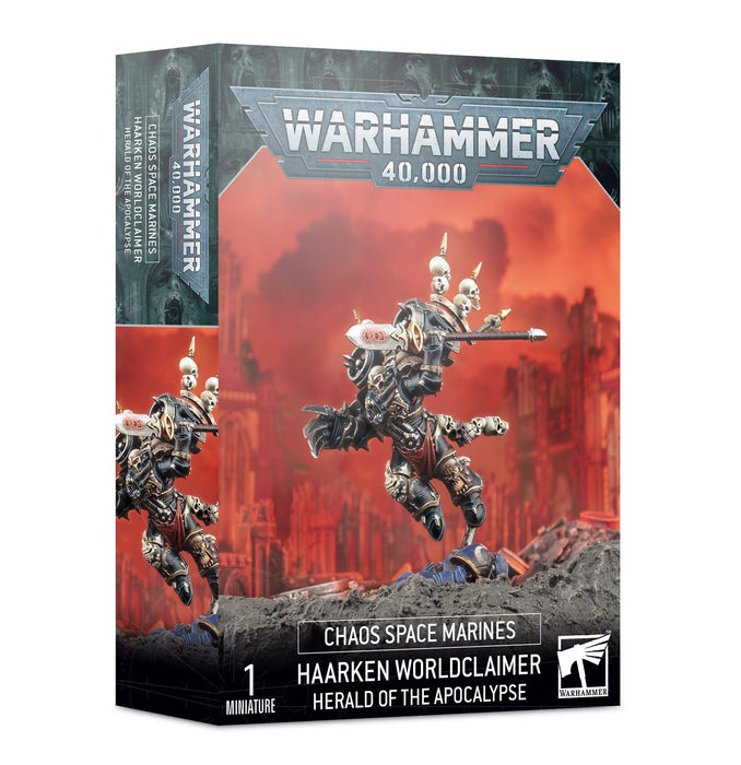 Box of CHAOS SPACE MARINES: HAARKEN WORLDCLAIMER model kit. The front displays the assembled and painted Haarken Worldclaimer leaping forward wielding Helspear, set against a fiery, war-torn background. Product branding and details, including the Games Workshop logo and "1 Miniature," are visible.