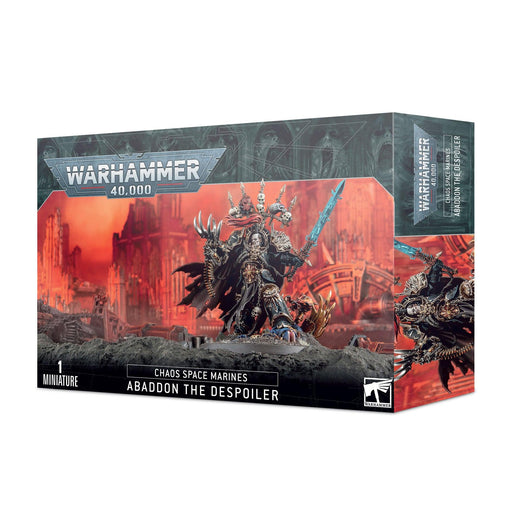 A boxed set of Games Workshop features the "CHAOS SPACE MARINES: ABADDON THE DESPOILER" miniature. The front of the box showcases detailed artwork of this Black Legion leader in an imposing stance against a chaotic, dystopian background. The Games Workshop logo is prominently displayed at the top.