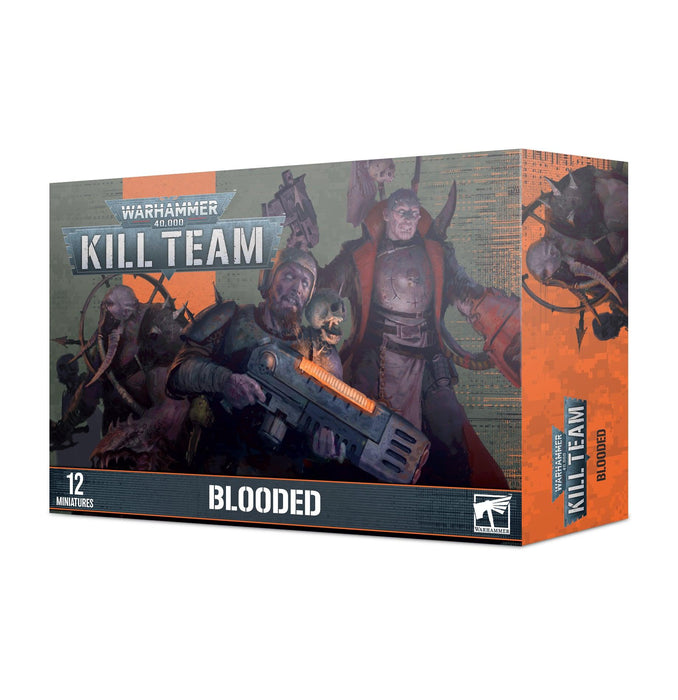 The image features the box art for the KILL TEAM: BLOODED set by Games Workshop. The artwork shows armored warriors, including Traitor Guard, armed with various weapons. One in the foreground wields a large gun, with a mix of humanoid and monstrous figures set against a dark, eerie background. The box indicates it includes 12 miniatures.