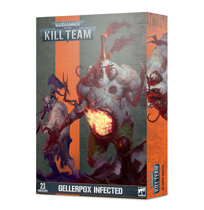 Box art for the "KILL TEAM: GELLERPOX INFECTED" set by Games Workshop. The illustration features grotesque, mutated creatures with glowing eyes and mechanical appendages amidst an orange and dark backdrop. The text includes "23 miniatures" and the Warhammer 40,000 and Kill Team logos.
