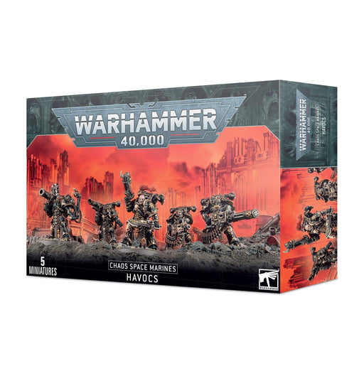 Box of CHAOS SPACE MARINES: HAVOCS miniatures by Games Workshop containing five figures. The front showcases a detailed illustration of heavily armored soldiers with heavy weapons amidst a fiery, apocalyptic landscape. The Warhammer 40,000 logo is prominently displayed at the top.