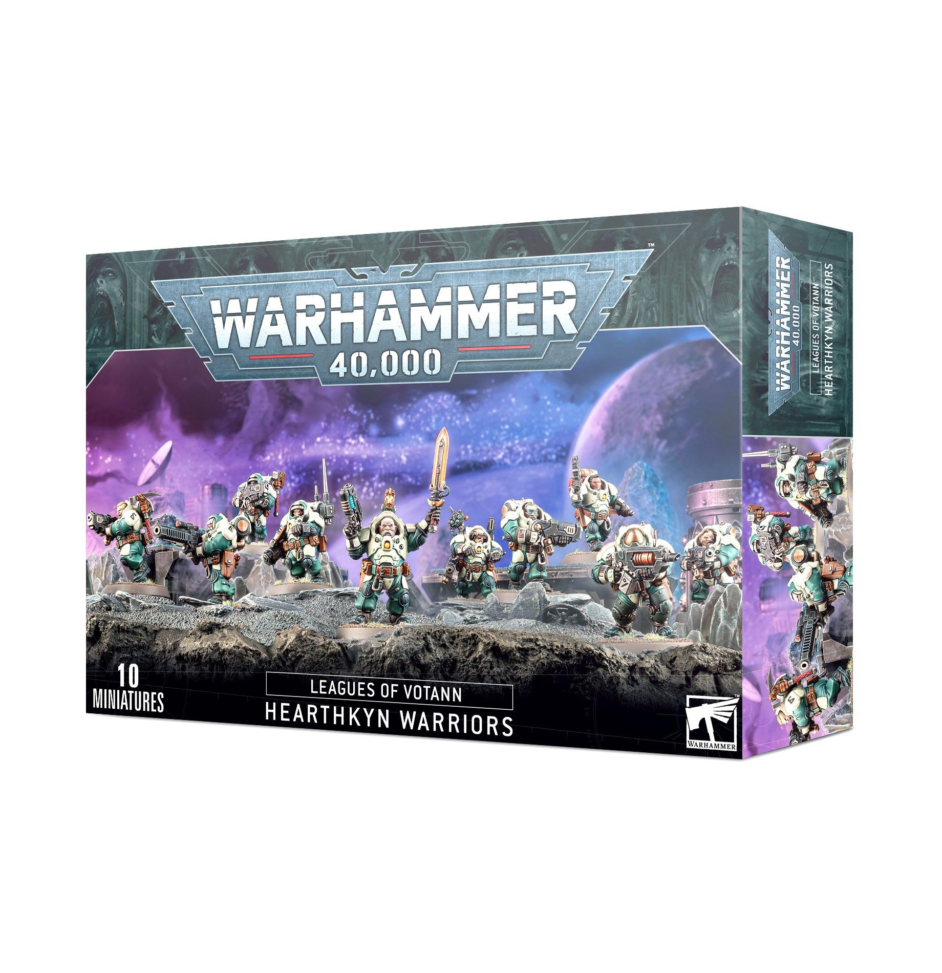 The LEAGUES OF VOTANN: HEARTHKYN WARRIORS box by Games Workshop displays artwork of 10 armored warriors in void armor. They are poised in a sci-fi battle scene against a vast planetary backdrop, with 