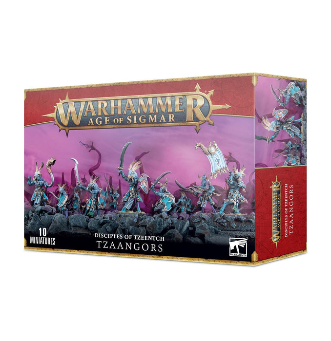 A box of Games Workshop miniatures titled "DISCIPLES OF TZEENTCH: TZAANGORS." The box displays ten intricately designed miniature warriors in dynamic poses, set against a purple background. The front and side of the box show the Games Workshop logo and artwork of the miniatures in action, showcasing endless customization potential.