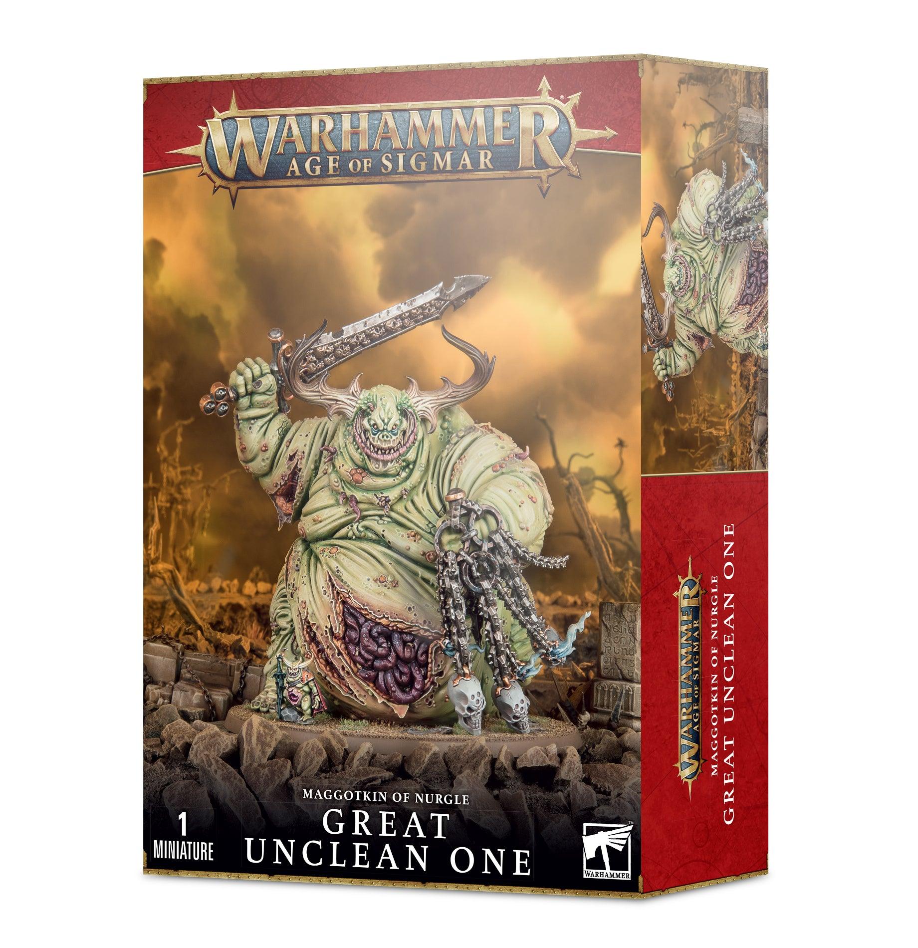 Box of Games Workshop Warhammer Age of Sigmar “Maggotkin of Nurgle: Great Unclean One” miniature. The box art depicts a large, grotesque, green monster wielding a long staff and sword, surrounded by desolate terrain. The box has 