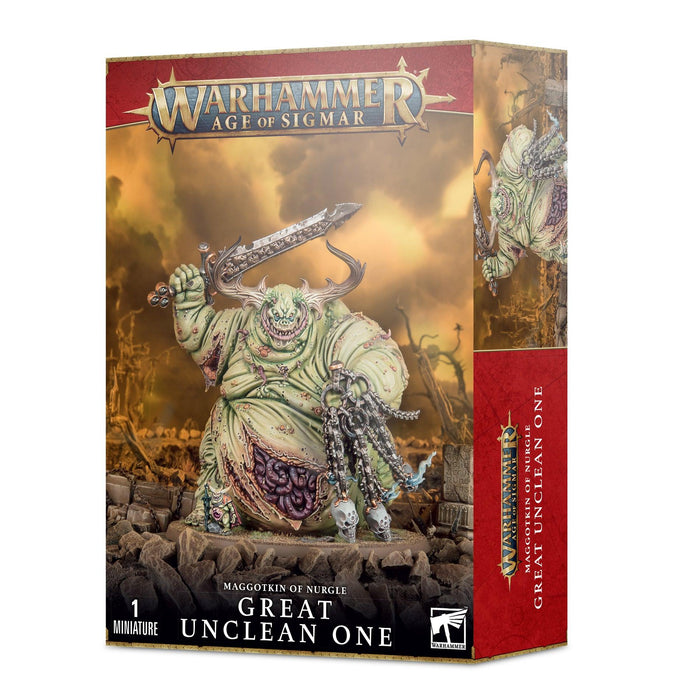 Box of Games Workshop Warhammer Age of Sigmar “Maggotkin of Nurgle: Great Unclean One” miniature. The box art depicts a large, grotesque, green monster wielding a long staff and sword, surrounded by desolate terrain. The box has "Maggotkin of Nurgle Great Unclean One" and "1 Miniature" text on the front, showcasing Nurgle’s daemons and their disease.