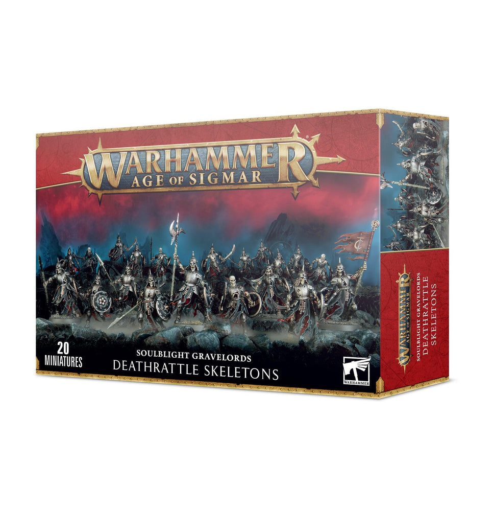 Box art for "Games Workshop" SOULBLIGHT GRAVELRDS: DEATHRATTLE SKELETONS. The front shows an army of armored skeleton miniatures wielding weapons, part of the fearsome Soulblight vampire's army. The box includes 20 miniatures. The background has a red, ominous sky, and there is a side view of the box on the right.