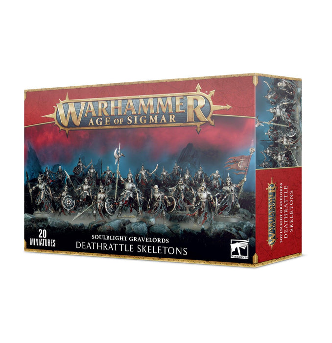 Box art for "Games Workshop" SOULBLIGHT GRAVELRDS: DEATHRATTLE SKELETONS. The front shows an army of armored skeleton miniatures wielding weapons, part of the fearsome Soulblight vampire's army. The box includes 20 miniatures. The background has a red, ominous sky, and there is a side view of the box on the right.