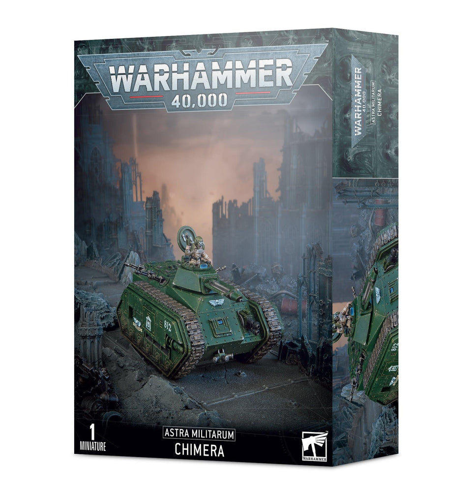 A box of ASTRA MILITARUM: CHIMERA with art depicting a military vehicle. The box features a green Astra Militarum Chimera fighting vehicle amidst a war-torn landscape. The title "Warhammer 40,000" is at the top, and "ASTRA MILITARUM: CHIMERA" is below the image. The box contains one miniature by Games Workshop.