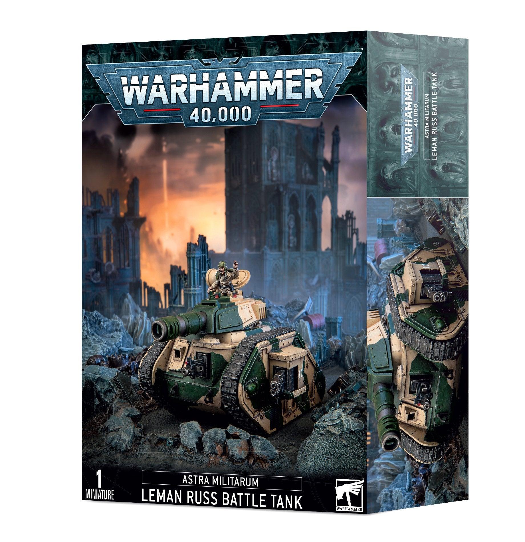 Box of a Games Workshop model kit featuring the Astra Militarum's iconic ASTRA MILITARUM: LEMAN RUSS BATTLE TANK. The artwork displays the tank in a war-torn, futuristic city. The top showcases the Warhammer 40,000 logo, while text at the bottom reads 