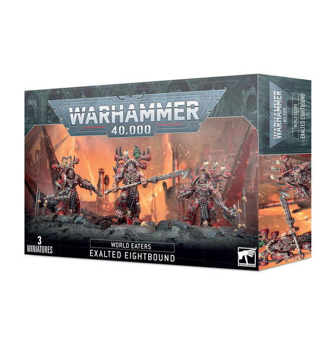 The box art of WORLD EATERS: EXALTED EIGHTBOUND miniatures from Games Workshop features three intricate, red-armored figures in a dramatic, fiery landscape with a ruined city background. The box is emblazoned with the Warhammer 40,000 logo and text: "World Eaters Exalted Eightbound" and "3 Miniatures." Perfect for Khorne Berzerkers fans.