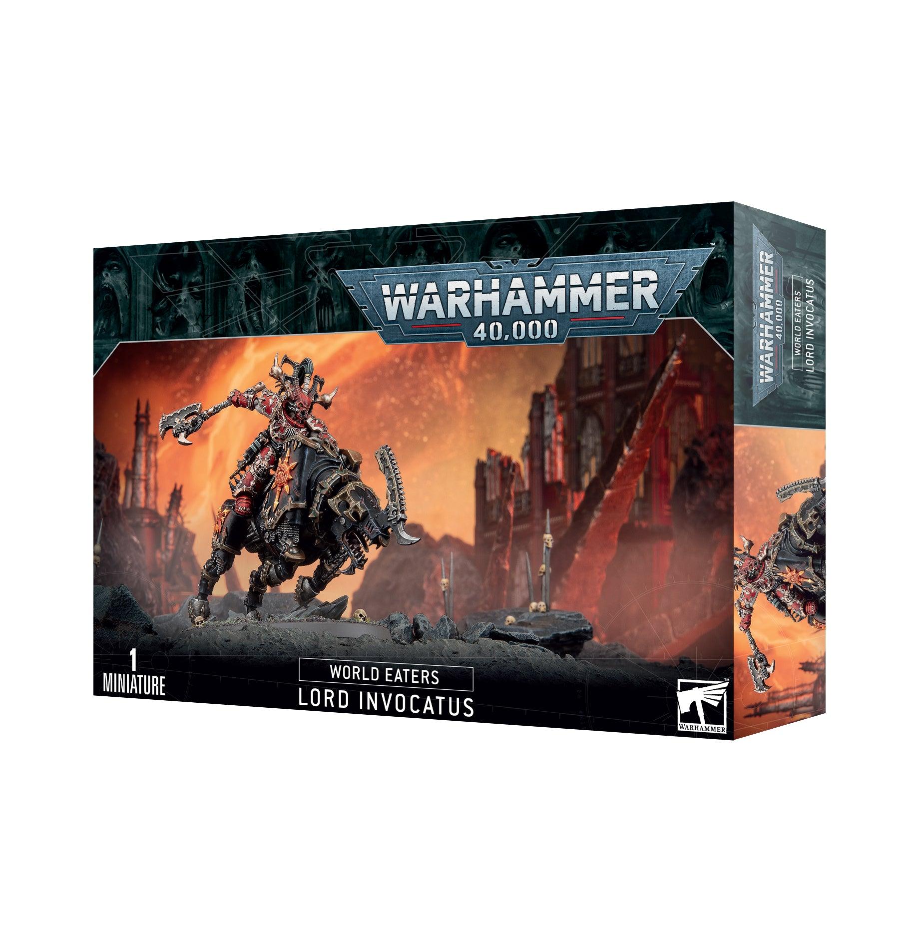 Box cover image of WORLD EATERS: LORD INVOCATUS miniature. Features a detailed, grim warrior from the World Eaters Legion riding a demonic mechanical steed amid a war-torn, fiery landscape. The packaging displays the Games Workshop logo and highlights that it contains one miniature figure.