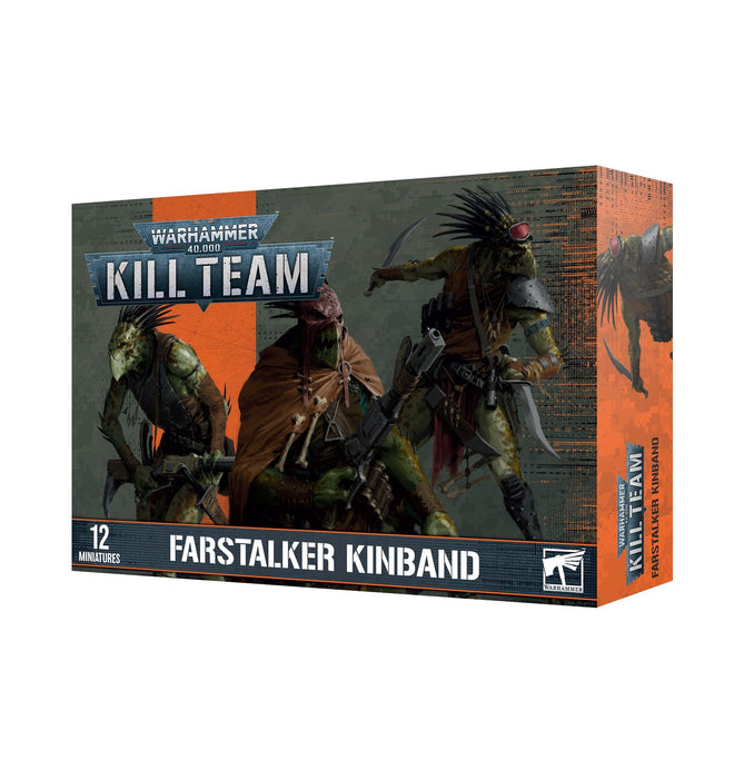 Box art for Games Workshop KILL TEAM: FARSTALKER KINBAND set featuring the Kroot Farstalkers Kinband. The box displays detailed artwork of several reptilian humanoids armed with rifles and wearing armor in a rugged, sci-fi landscape. The bottom-left corner indicates the set includes 12 miniatures.