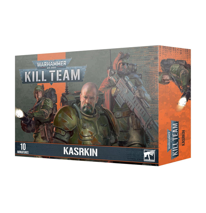 Box art for "KILL TEAM: KASRKIN" from Games Workshop showing three heavily armored soldiers holding futuristic weapons. The central soldier has a bald head and fierce expression against a fiery and war-torn backdrop. Text at the top reads "KILL TEAM," with "KASRKIN" emblazoned at the bottom.