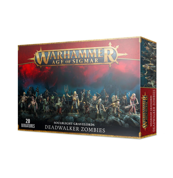 The image shows a box for "Games Workshop SOULBLIGHT: DEADWALKER ZOMBIES" miniatures. The box, which resembles a battle kit, features artwork of Deadwalker Zombies on the front under a cloudy, dark red sky. Text reads "Soulblight Gravelords Deadwalker Zombies," with a count indicating 20 miniatures inside.