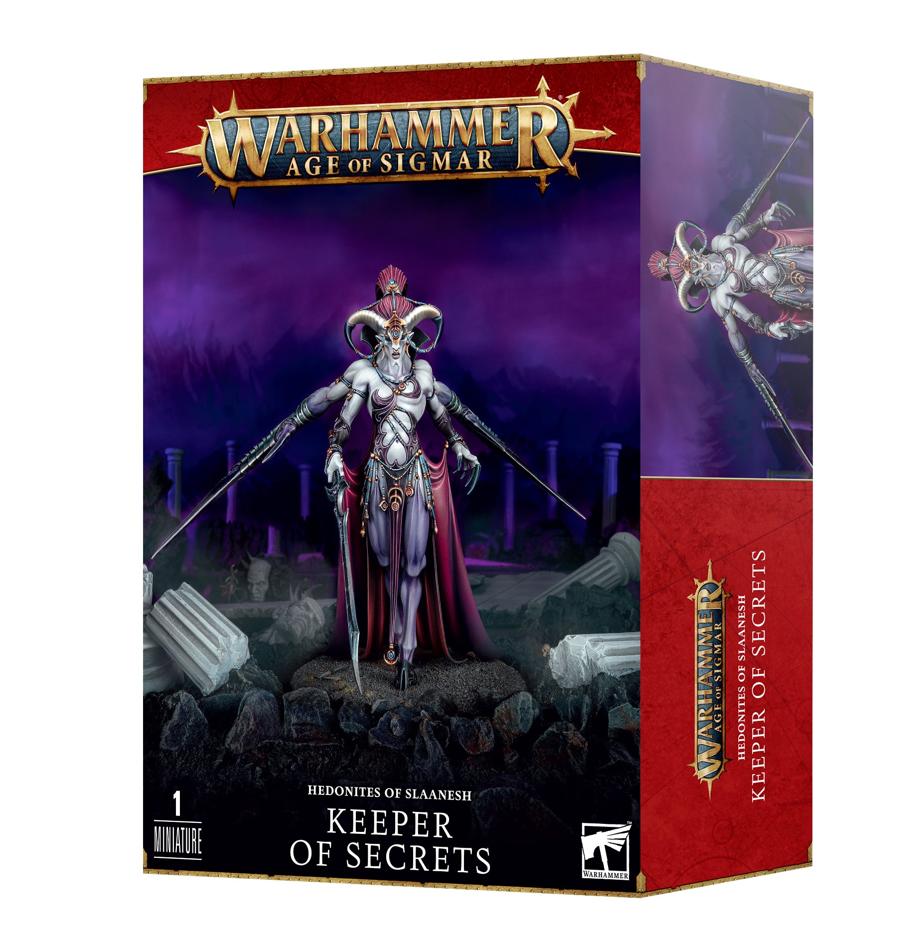 Box of Games Workshop's HEDONITES OF SLAANESH: KEEPER OF SECRETS featuring a Greater Daemon on the cover. The figure, depicting a humanoid creature with elaborate armor and decorations, is part of the Warhammer Age of Sigmar series. The background showcases a mystical, dark landscape with ruins.