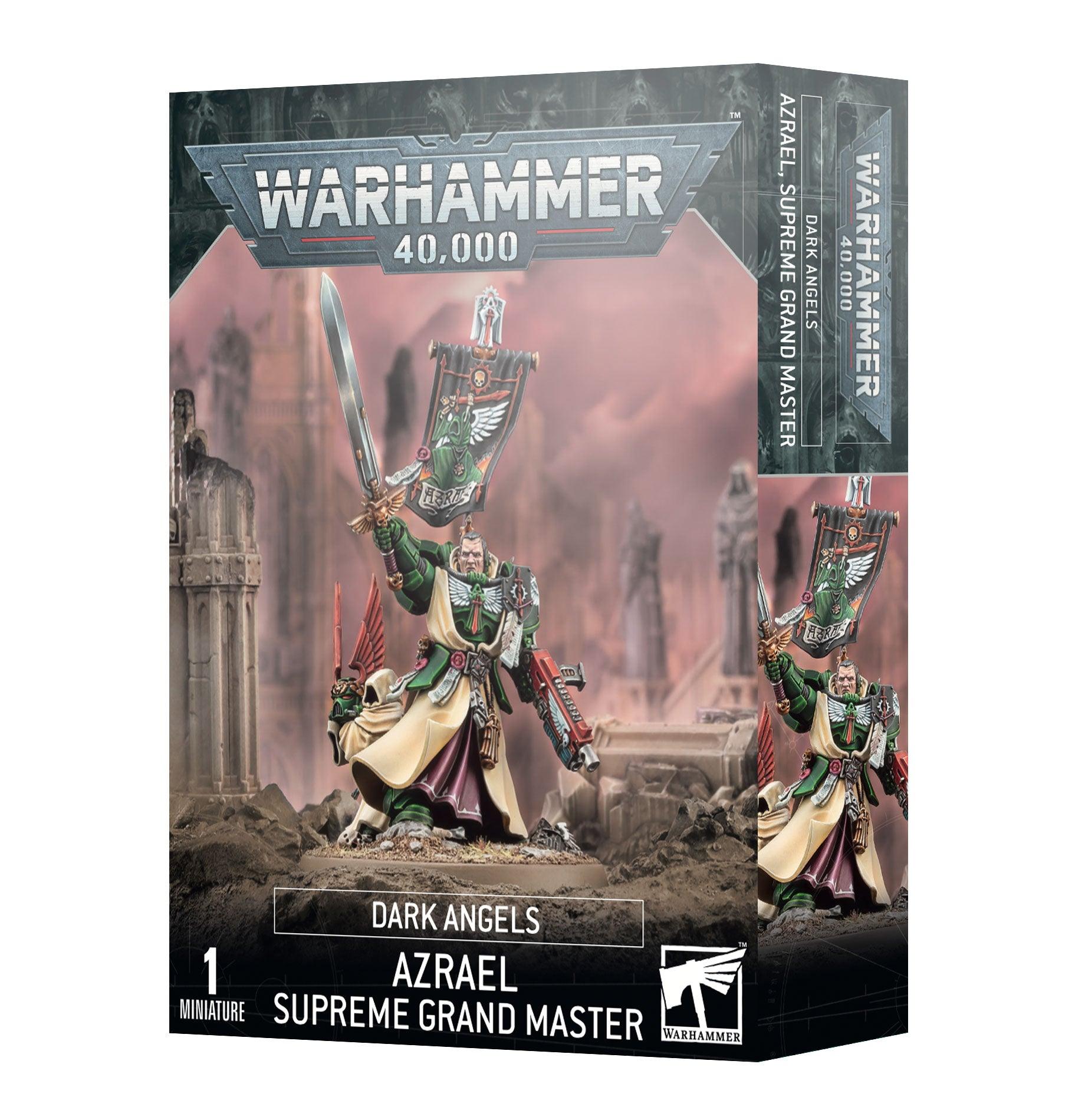 Games Workshop's DARK ANGELS: AZRAEL box art features Azrael, Supreme Grand Master of the Dark Angels, in detailed armor wielding the Sword of Secrets. He stands with a green-plumed helmet amid a war-torn landscape, labeled as containing 