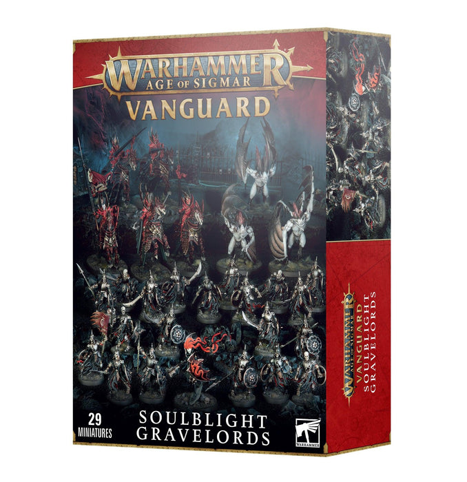The image showcases a "Games Workshop" box set titled "VANGUARD: SOULBLIGHT GRAVELORDS," featuring 29 miniatures. The detailed painted figures of undead warriors and creatures, including a menacing Vampire Lord, are rendered in a dark Gothic style. The box is predominantly black and red with product info on the side.