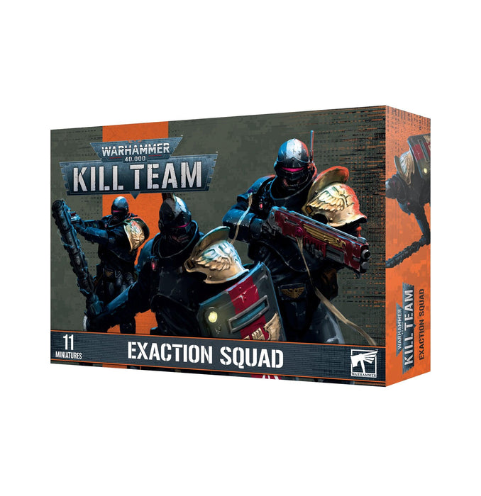 The image shows the box for Games Workshop's KILL TEAM: EXACTION SQUAD. The front depicts three Adeptus Arbites soldiers in dark armor with gold shoulder plates and red visors, armed with various weapons. The box contains 11 miniatures and features the game logo and artwork, reflecting their role in upholding Imperial Law.