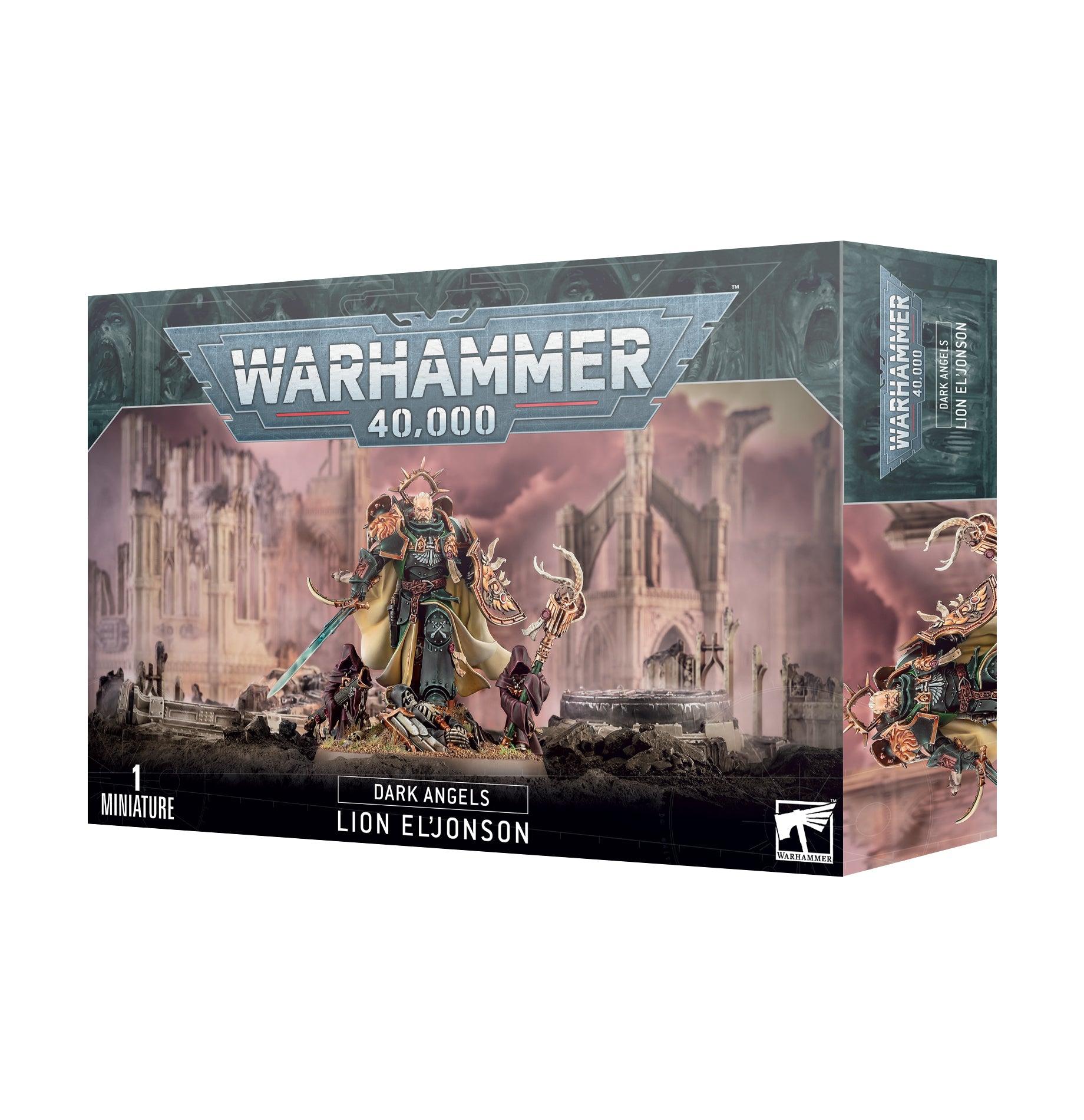 The cover art of the Games Workshop set, DARK ANGELS: LION EL'JOHNSON, features a stunning miniature of Primarch Lion El'Jonson against a ruined gothic cityscape, complete with the game's logo and text highlighting this iconic figure.