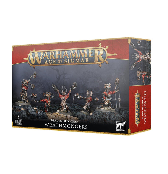Box art of "BLADES OF KHORNE: WRATHMONGERS." The packaging features five intricately painted miniature figures from the Blades of Khorne faction, all crafted as a multi-part plastic kit with dynamic poses. The front displays the game's logo on a red and gold banner, with artwork showcasing the Khorne Wrathmongers.
