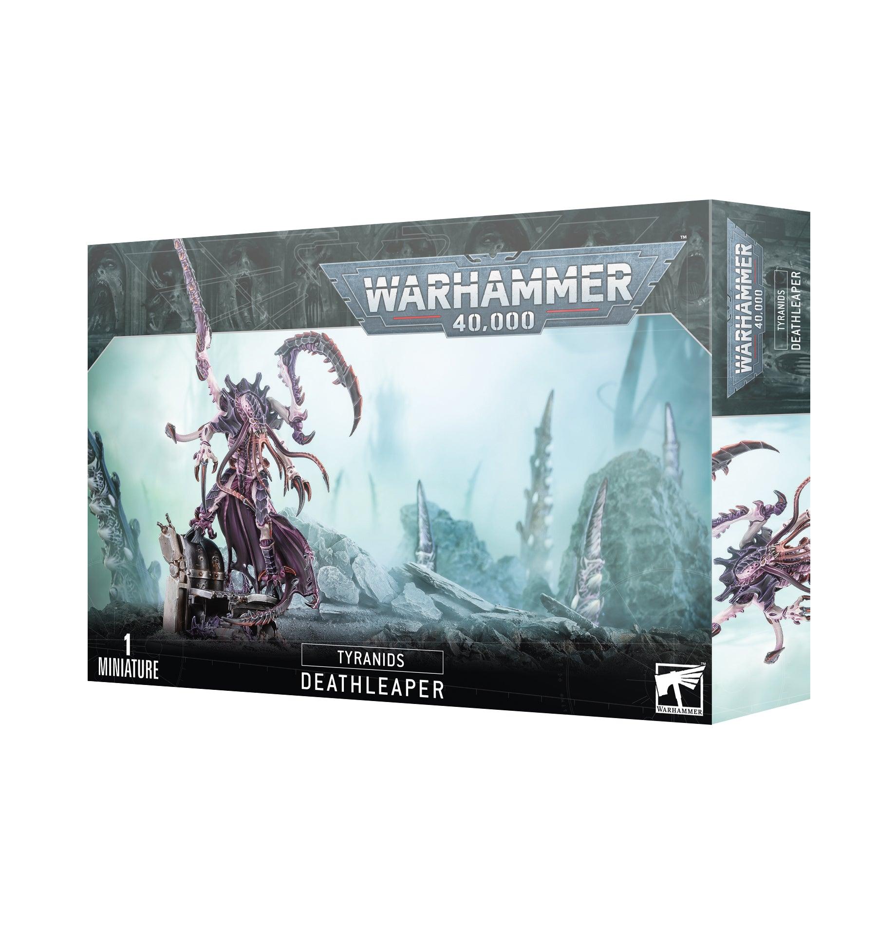 Box of Games Workshop's TYRANIDS: DEATHLEAPER. The front displays artwork of the intimidating Deathleaper Lictor, an alien with claws and a long tail in a bleak setting. The box features branding and product details, with a sci-fi aesthetic and icy color tones.