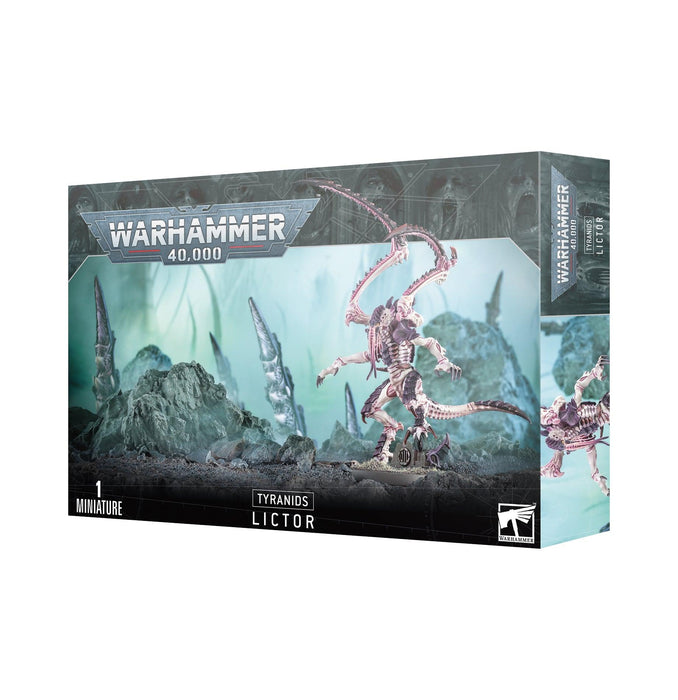 A boxed plastic kit for Games Workshop's TYRANIDS: LICTOR. The packaging features a detailed image of the miniatures in a dynamic pose amid an alien landscape with sharp, organic structures. The "Warhammer 40,000" logo and "TYRANIDS: LICTOR" title are prominently displayed at the top and the bottom.