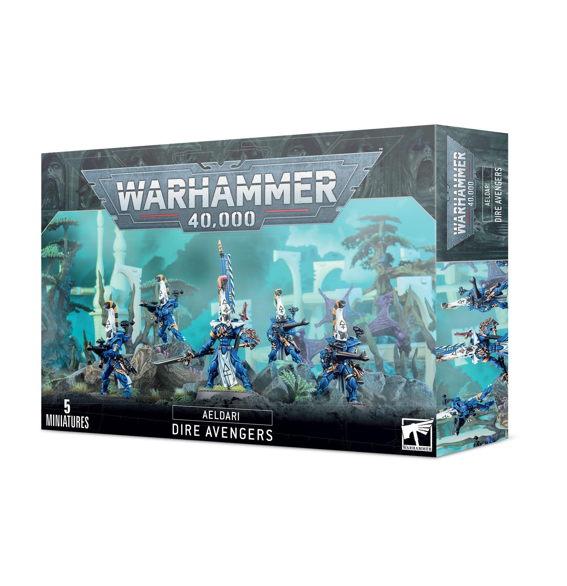 Box of Games Workshop's AELDARI: DIRE AVENGERS miniatures. The packaging showcases five meticulously detailed Aspect Warriors in blue armor, armed with shuriken catapults and dynamically positioned on a visually striking backdrop. The front prominently features the 