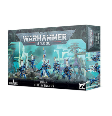 Box of Games Workshop's AELDARI: DIRE AVENGERS miniatures. The packaging showcases five meticulously detailed Aspect Warriors in blue armor, armed with shuriken catapults and dynamically positioned on a visually striking backdrop. The front prominently features the "Warhammer 40,000" logo with "AELDARI: DIRE AVENGERS" highlighted at the bottom.