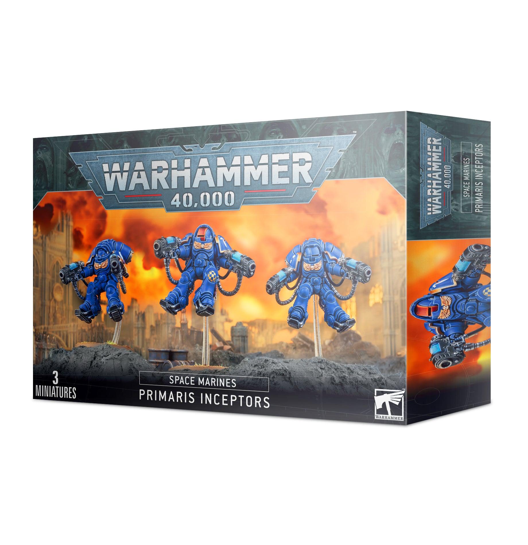 Box of SPACE MARINES: PRIMARIS INCEPTORS by Games Workshop. The cover art displays three blue-armored figures with jump packs against a fiery backdrop. 