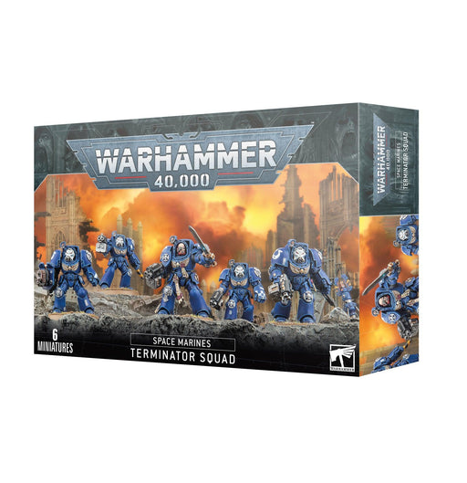 The image showcases a box set of Games Workshop "SPACE MARINES: TERMINATOR SQUAD" miniatures. The box features six blue-armored figurines in Tactical Dreadnought armor with weapons, set against the backdrop of a fiery battlefield with ruins. The Warhammer 40,000 logo is displayed at the top, with the product name at the bottom.