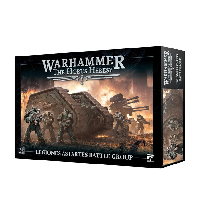 A box for the HH: LEGIONES ASTARTES BATTLE GROUP set from Games Workshop features space marines in futuristic armor, heavily armed with rifles, and standing in front of a Land Raider Proteus on a fiery battlefield backdrop.