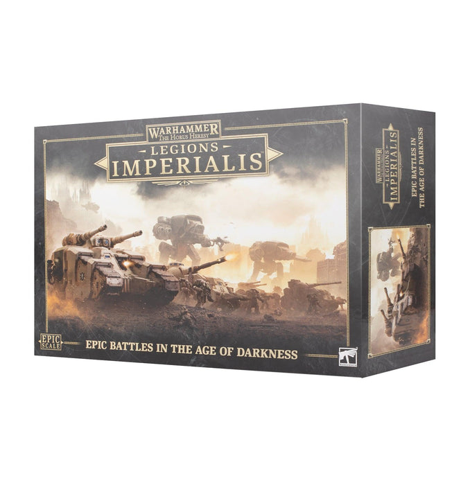 The box cover of "LEGIONS IMPERIALIS: THE HORUS HERESY: EPIC BATTLES IN THE AGE OF DARKNESS" features a dramatic battle scene with heavy tanks and military vehicles navigating through a war-torn cityscape, filled with smoke and explosions. The text promotes "Epic Battles in the Age of Darkness" under the iconic Games Workshop branding.