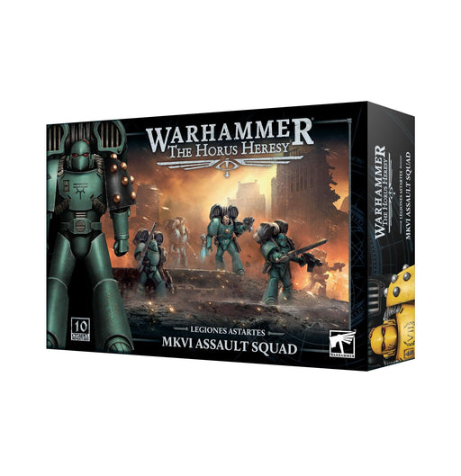 Box of Games Workshop HORUS HERESY: MKVI ASSAULT MARINES. The packaging displays artwork of armored Space Marine Assault Legionaries in green armor with weapons, set against a fiery, war-torn backdrop. Prominent Warhammer logo and product details on the side.