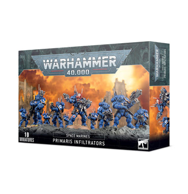 Games Workshop's SPACE MARINES: PRIMARIS INFILTRATORS box features miniatures in Mark X Phobos armor. The front shows ten blue-armored Space Marines with detailed weapons against a fiery battlefield, all under the Warhammer 40,000 logo.