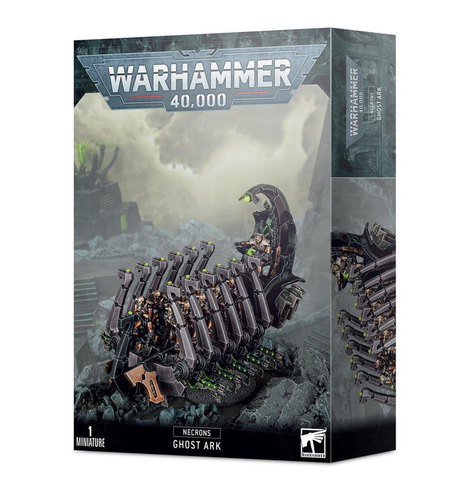 A box of Games Workshop's NECRONS: GHOST ARK miniatures. The front of the box displays an assembled and painted model of this futuristic, skeletal vehicle, brimming with formidable weaponry and Necron Warriors. The Warhammer 40,000 logo is prominently positioned at the top.
