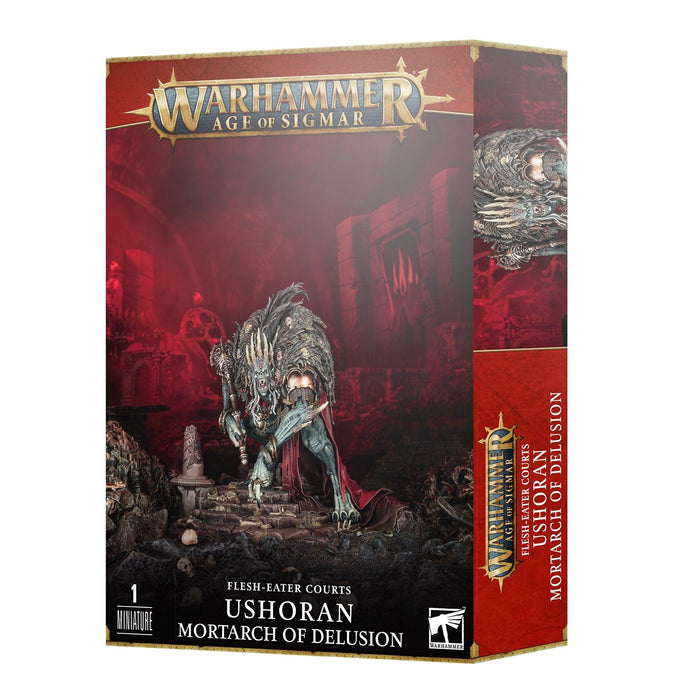 Box art for a Games Workshop model titled "FLESH-EATER COURTS: USHORAN MORTARCH OF DELUSION" from the Flesh-eater Courts faction. The front showcases Ushoran, a monstrous figure with skeletal features and wings standing among ruins. The package indicates it includes one miniature.