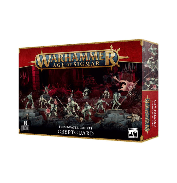 Box of FLESH-EATER COURTS: CRYPTGUARD miniatures from Games Workshop. The box features dark, gothic artwork depicting 10 ghoul retainers armed with various weapons, poised for battle. The logo and product name are prominently displayed at the top and bottom of the box.