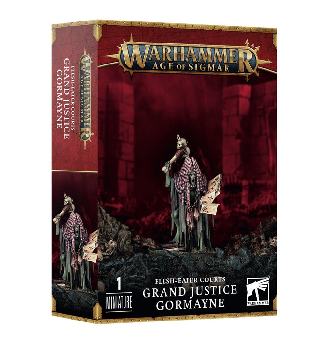A box of a Games Workshop miniature figurine is shown. The box art displays "FLESH-EATER COURTS: GRAND JUSTICE GORMAYNE" in bold letters. The image features a detailed view of the intricately crafted and painted miniature model on a Citadel 32mm Round Base, set against a dark, eerie background with ruins.