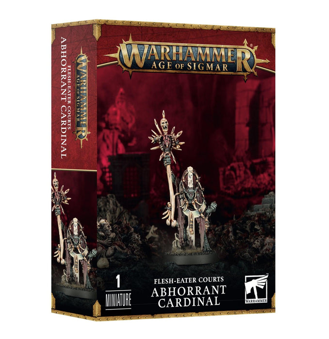 A boxed set for the game Warhammer: Age of Sigmar, titled "FLESH-EATER COURTS: ABHORRANT CARDINAL." The front displays a detailed miniature of a skeletal figure on a throne, surrounded by gothic decorations. The box, predominantly red with gold and black accents, showcases the Games Workshop logo along with its bloodthirsty priest.