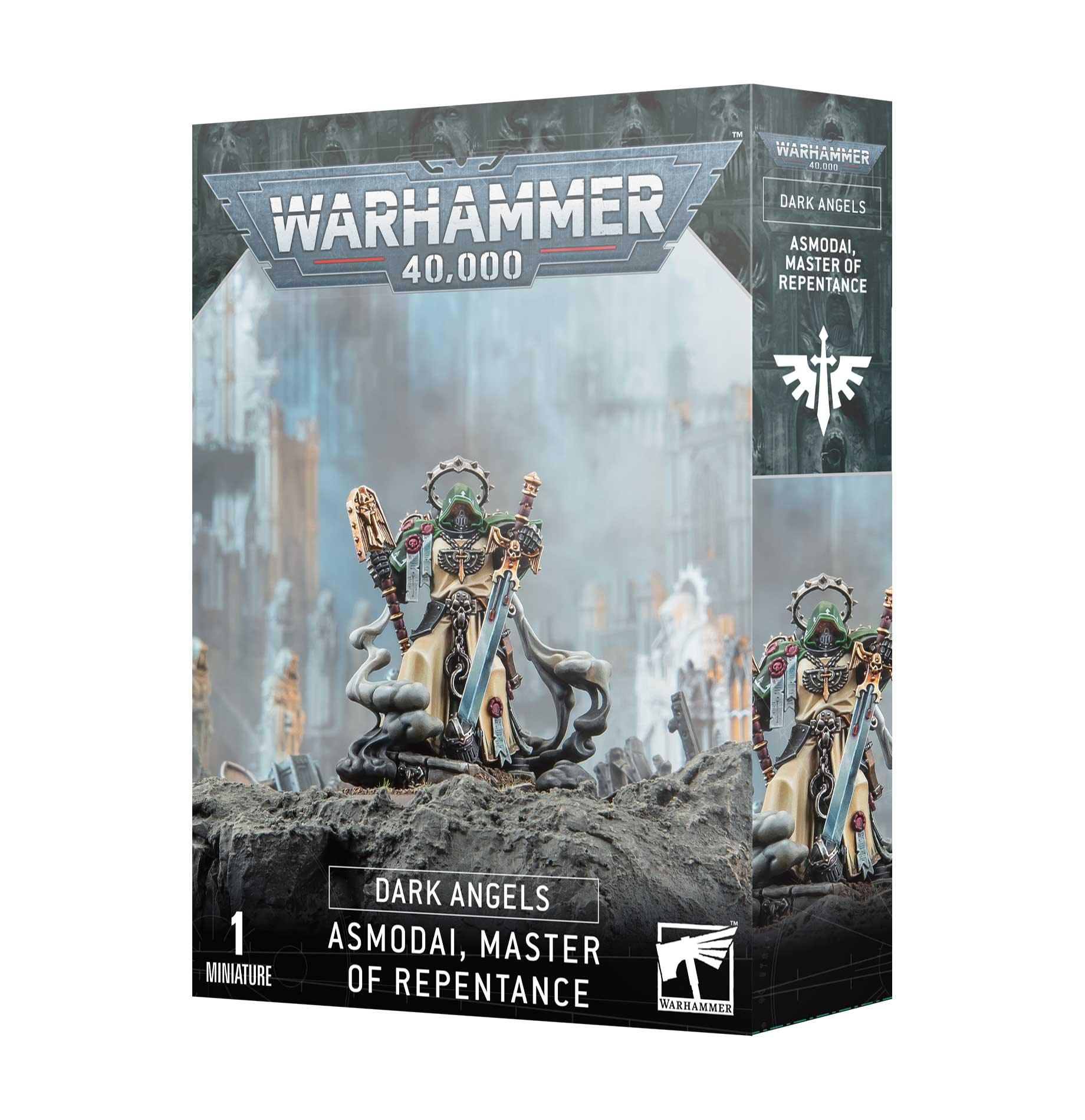 Box art image for Warhammer 40,000 featuring Asmodai, Master of Repentance from Dark Angels. The box displays the miniature in a dynamic pose amid a war-torn landscape. Text includes 