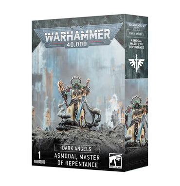 Box art image for Warhammer 40,000 featuring Asmodai, Master of Repentance from Dark Angels. The box displays the miniature in a dynamic pose amid a war-torn landscape. Text includes "Warhammer 40,000," "Dark Angels," "Asmodai, Master of Repentance," and "1 Miniature." This product is by Games Workshop.