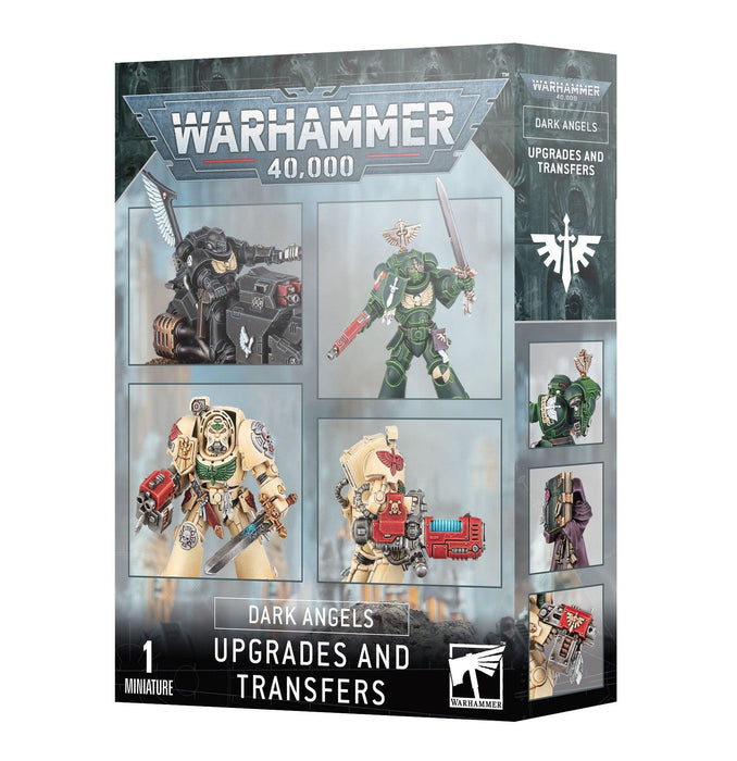 The image shows a box for the "DARK ANGELS: UPGRADES AND TRANSFERS" set by Games Workshop. The front depicts four painted Space Marine models in different combat poses. The top left shows a black-armored figure, the top right a green-armored figure, the bottom left an ornate armored figure, and the bottom right a purple-clad figure. This upgrade set includes parts and