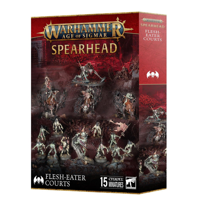 The image shows a Games Workshop SPEARHEAD: FLESH-EATER COURTS box set. The front of the box displays a detailed, dramatic artwork of monstrous creatures, including an Abhorrant Archregent, in battle. The box contains 15 Citadel miniatures, as indicated at the bottom. The left side features the Warhammer logo.