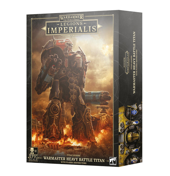 The image showcases the box art for a Games Workshop product titled "LEGIONS IMPERIALIS: WARMASTER HEAVY BATTLE TITAN W/ PLASMA DESTRUCTORS." The cover features an imposing, heavily armored titan equipped with Suzerain-class plasma destructors amidst a fiery battlefield. The predominantly black box boasts detailed artwork and branding.