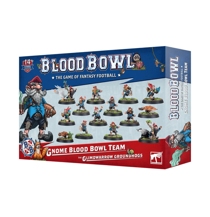 A box for "BLOOD BOWL: GNOME TEAM" by Games Workshop. It showcases miniature gnomes in various football poses with hints of magical illusions. The box has a blue and red color scheme and is suitable for ages 14 and up.