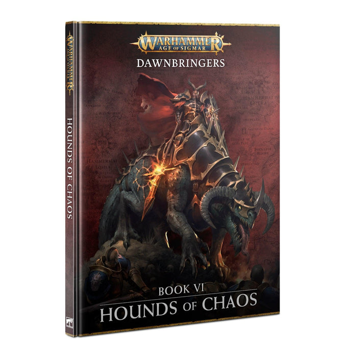 Image of the "Games Workshop: Age of Sigmar: Hounds of Chaos" book. The cover showcases a heavily-armored warrior astride a monstrous, horned beast, all set against a fiery and chaotic backdrop. The spine features the Games Workshop logo with the title in gold letters.