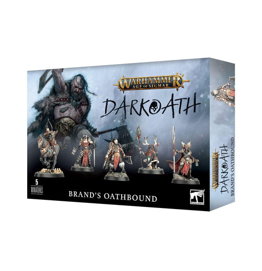 A boxed set from the Warhammer Age of Sigmar series titled "SLAVES TO DARKNESS: DARKOATH BRAND'S OATHBOUND." The front of the box features five detailed miniatures of Darkoath warriors led by Gunnar Brand. The background showcases a giant, menacing figure. Suitable for ages 12+, with Games Workshop branding.