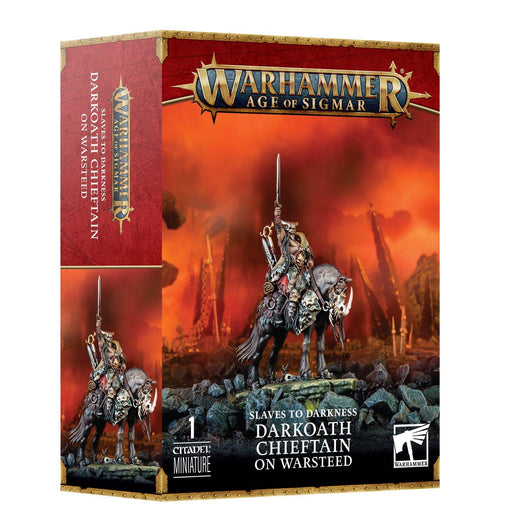Box cover for “SLAVES TO DARKNESS: DARKOATH CHIEFTAIN ON WARSTEED” miniature by Games Workshop. The front showcases a painted Darkoath Chieftain in armor riding a fierce Warsteed, brandishing a spear, against a fiery battlefield background. The Warhammer logo graces the top.
