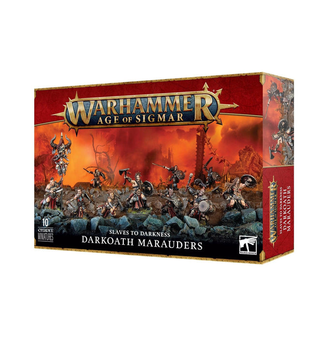 The image shows the box art for "SLAVES TO DARKNESS: DARKOATH MARAUDERS" multipart plastic kit by Games Workshop. The box features the title at the top, with artwork of marauder figures in battle-ready poses against a fiery, apocalyptic background. It includes 10 Citadel miniatures from the "Slaves to Darkness" collection.